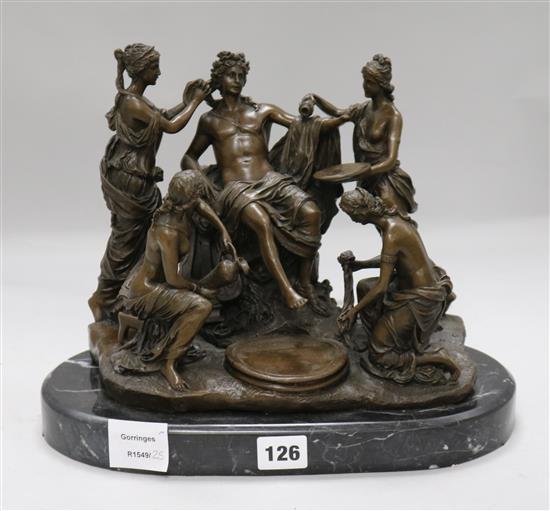 M. Mercie. A bronze group of a classical youth with female attendants, width 12.5in.